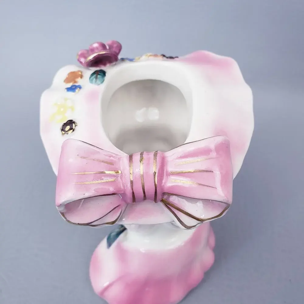 Vintage Lady Head Vase Pink Hat Dress Purple Roses White Hair Made in Japan